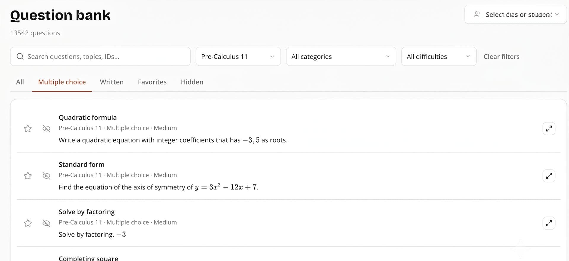 Question bank with course, topic, and level filters